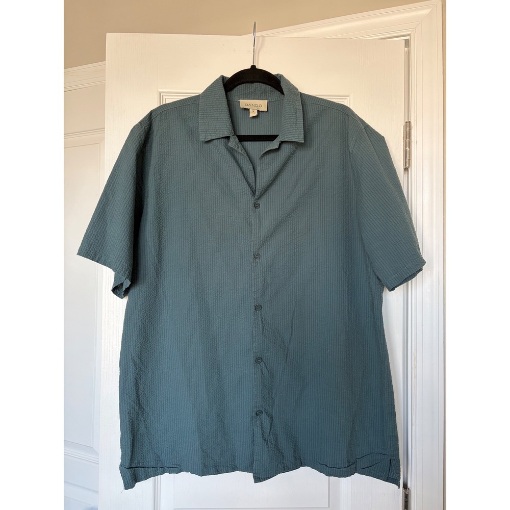 Bando Mens Short Sleeve Button Down Shirt Teal Blue Seersucker Texture Cotton M